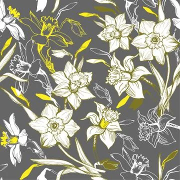 Floral seamless pattern with hand drawn flowers daffodils, narcissus. Illustrazione stock