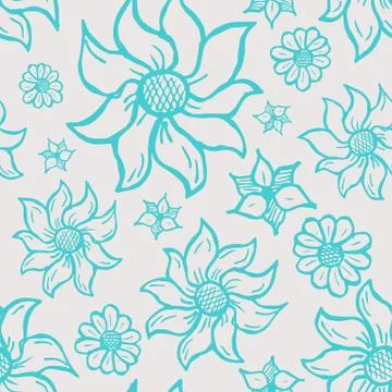 Floral seamless pattern with hand drawn roses. Blue flowers on white backgrou Stock Illustration