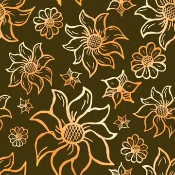 Floral seamless pattern with hand drawn roses. Bright flowers on dark brown b Stock Illustration