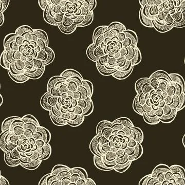 Floral seamless pattern with hand drawn roses. White flowers on black backgro Stock Illustration