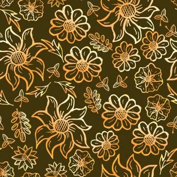 Floral seamless pattern with hand drawn roses. Bright flowers on dark brown b Stock Illustration