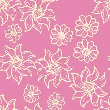 Floral seamless pattern with hand drawn roses. White flowers on pink backgrou Stock Illustration