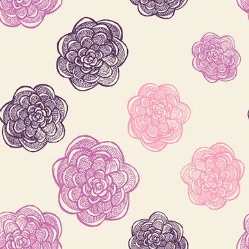 Floral seamless pattern with hand drawn roses. Pink flowers on bright backgro Stock Illustration