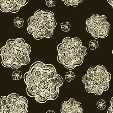 Floral seamless pattern with hand drawn roses. White flowers on black backgro Stock Illustration