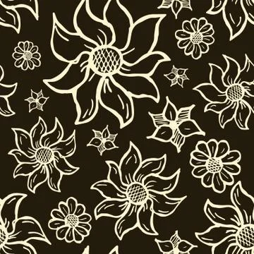 Floral seamless pattern with hand drawn roses. White flowers on black backgro Stock Illustration