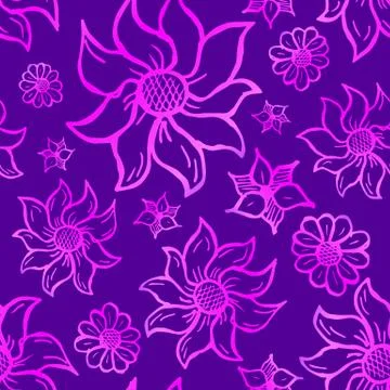 Floral seamless pattern with hand drawn roses. Pink flowers on violet backgro Stock Illustration
