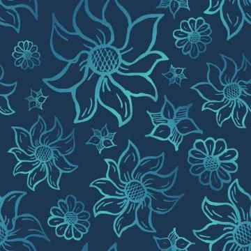 Floral seamless pattern with hand drawn roses. Light flowers on dark blue bac Stock Illustration