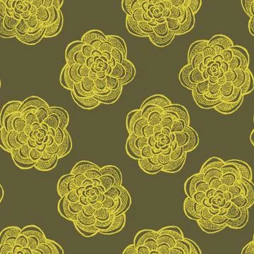 Floral seamless pattern with hand drawn roses. Golden flowers on dark backgro Stock Illustration