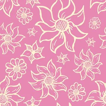 Floral seamless pattern with hand drawn roses. White flowers on pink backgrou Stock Illustration