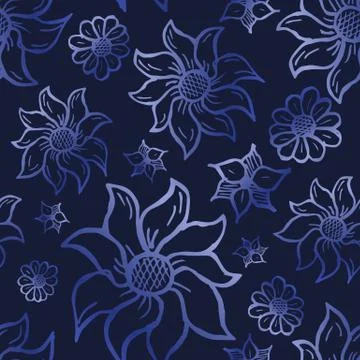 Floral seamless pattern with hand drawn roses. Light flowers on dark blue Stock Illustration