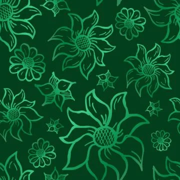 Floral seamless pattern with hand drawn roses. Light flowers on dark green Stock Illustration