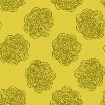 Floral seamless pattern with hand drawn roses. Dark flowers on bright yellow. Stock Illustration