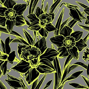 Floral seamless pattern with hand drawn flowers Narcissus. Stock Illustration