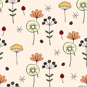 Floral Seamless Pattern. Hand-drawn Pattern of Various Plants, Flowers and Be Stock Illustration