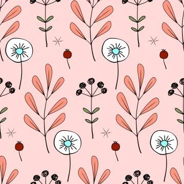 Floral seamless pattern. Hand-drawn pattern of various plants, flowers and be Stock Illustration