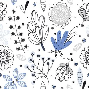 Floral seamless pattern. Hand drawn creative flowers. Colorful artistic backg Stock Illustration