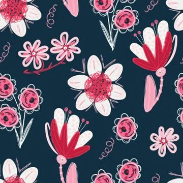 Floral seamless pattern. Hand drawn creative flowers. Colorful artistic backg Stock Illustration