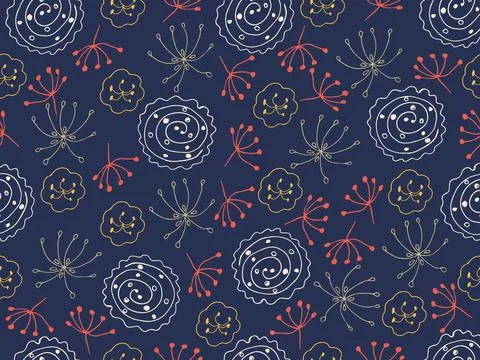 Floral seamless pattern, hand drawn doodle style. For fabric, textile. Stock Illustration