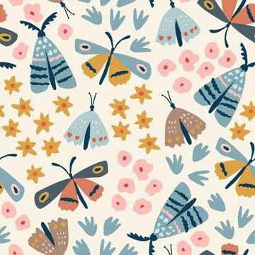 Floral seamless pattern. Hand drawn colorful flowers with flying butterflies and 스톡 일러스트