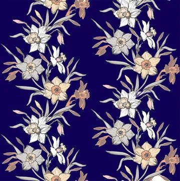 Floral seamless pattern with hand drawn flowers daffodils on indigo. Stock Illustration