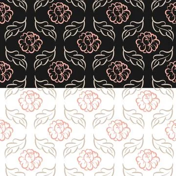 Floral seamless pattern. Hand drawn ink brush stroke leaves, flowers in pink Stock Illustration