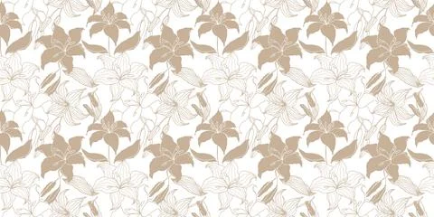Floral Seamless Pattern with hand drawn golden flowers lilly Stock Illustration