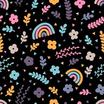Floral seamless pattern with hand drawn elements. Scandinavian style. Sprin.. Stock Illustration
