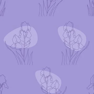Floral seamless pattern with iris flower on purple background. Linear hand dr Stock Illustration