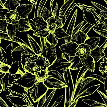 Floral seamless pattern with large hand drawn flowers Daffodils Stock Illustration