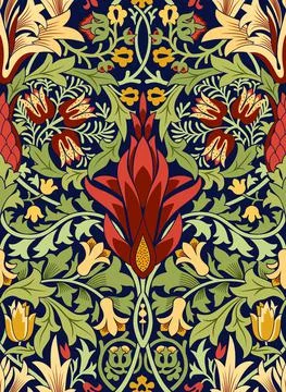 Floral seamless pattern with a large red flower in the center on dark blue Stock Illustration