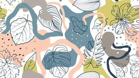 Floral seamless pattern with leaves with abstract organic shape blots Stock Illustration