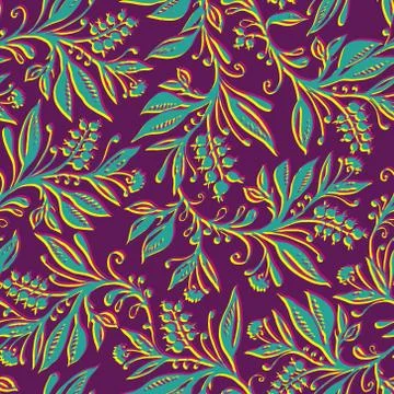 Floral seamless pattern with leaves and berries. Hand drawn and digitized. Stock Illustration