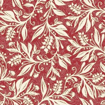 Floral seamless pattern with leaves and berries in wine red, green and cream 스톡 일러스트