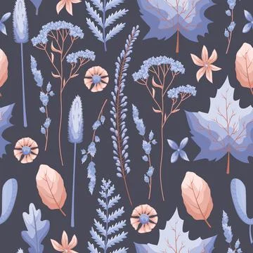 The floral seamless pattern with leaves and flowers. Vector botanical backgro Stock Illustration