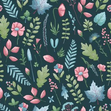 The floral seamless pattern with leaves and flowers. Vector botanical backgro 스톡 일러스트