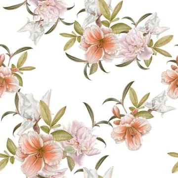 Floral seamless pattern with lily, peony, iris Stock Illustration