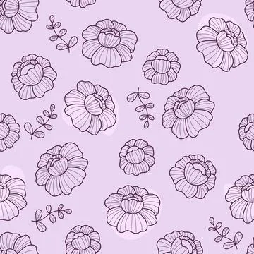 Floral seamless pattern with linear flower on light purple background. Vector Stock Illustration