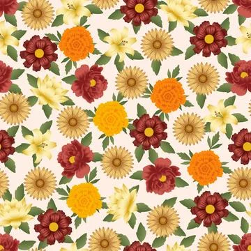 Floral seamless pattern with marigold and lily Stock Illustration