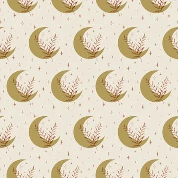 Floral seamless pattern neutral branch elements. Moon with leaf and stars pat Stock Illustration