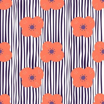 Floral seamless pattern with orange scandi flowers ornament. Striped white an Stock Illustration