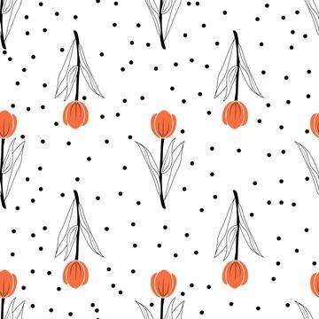 Floral seamless pattern orange tulip and polka dot. Spring fresh flower buds for Stock Illustration