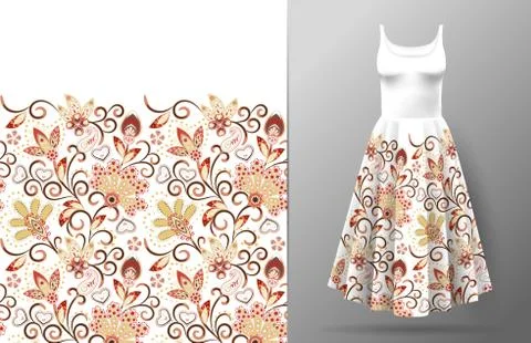 Floral seamless pattern with oriental hand drawing ornament. Vector illustration Иллюстрация