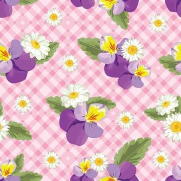 Floral seamless pattern. Pansies with chamomiles on pink gingham, chequered Stock Illustration