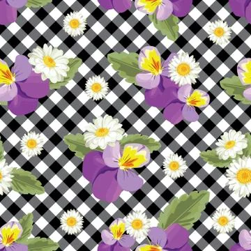 Floral seamless pattern. Pansies with chamomiles on black and white gingham Stock Illustration