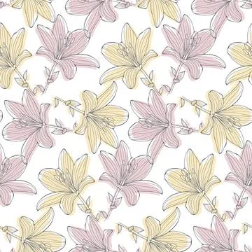 Floral seamless pattern with pink and yellow lilies. Stock Illustration