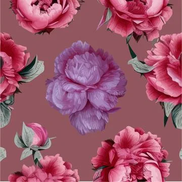 Floral seamless pattern with pink peonies flowers and green leaves on colored Illustrazione stock