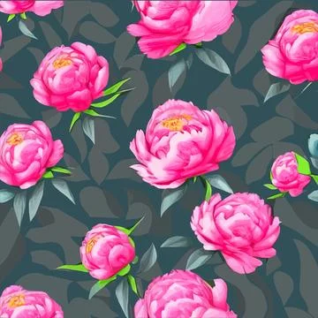 Floral seamless pattern with pink peonies flowers and green leaves on colored Illustrazione stock