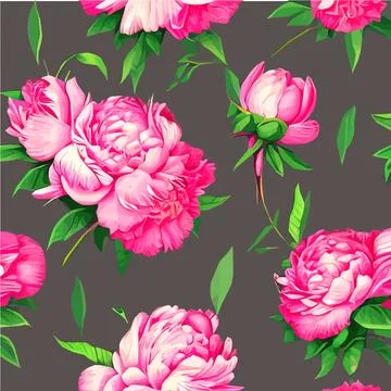 Floral seamless pattern with pink peonies flowers and green leaves on colored Stock Illustration