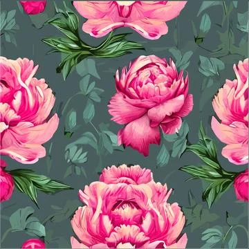 Floral seamless pattern with pink peonies flowers and green leaves on colored Illustrazione stock