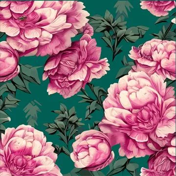 Floral seamless pattern with pink peonies flowers and green leaves on colored Stock Illustration